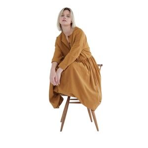A Mente Waist Tie Long Sleeve Midi Dress Women Small Cashew Mustard Cotton Boho